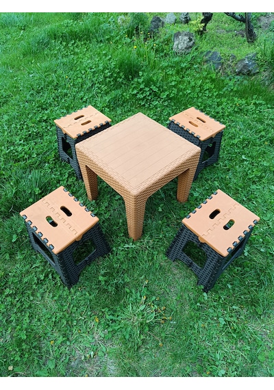 Evko Mobilya Kamp Seti, Piknik Seti, Masa Tabure Seti, Portatif Set, Plastik Katlanabilir Set, 4 + 1 Set Turuncu