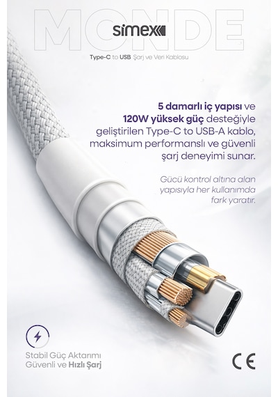 Simex 120w/67w/33w Usb To Type-c Ultra Turbo Hızlı Şarj Kablosu Xiaomi Uyumlu, Gri, 1 Metre