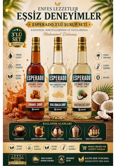 Şekersiz Hindistan Cevizi Karamel Beyaz Çikolata Aromalı Şurup - Zero - 750 Ml X 3 Diğer