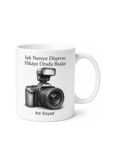 Kamera Lensi Ve Flaş Çizimli Fotoğrafçı Kupası Hediye Bardak Beyaz / Çok Renkli