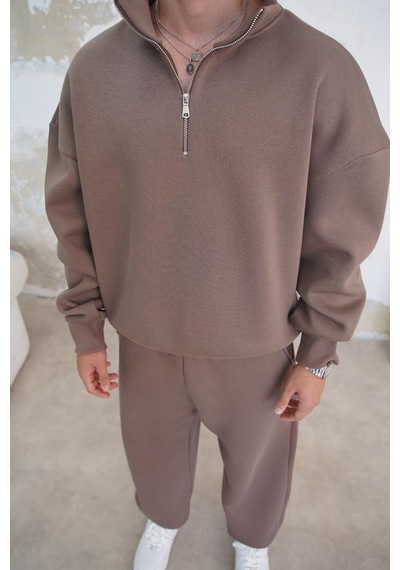 Açık Kahve Cozy Basic Yarım Fermuar Oversize Sweatshirt Açık Kahverengi