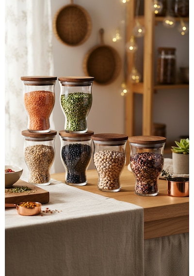 Snippy Box - 6 Lı Ahşap Vakumlu Kapaklı Cam Saklama Kabı Baharatlık 500 Ml Erzak Saklama Kabı Seti Kahverengi