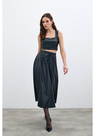 Sateen Bel Lastikli Deri Etek - Siyah-135588 Siyah