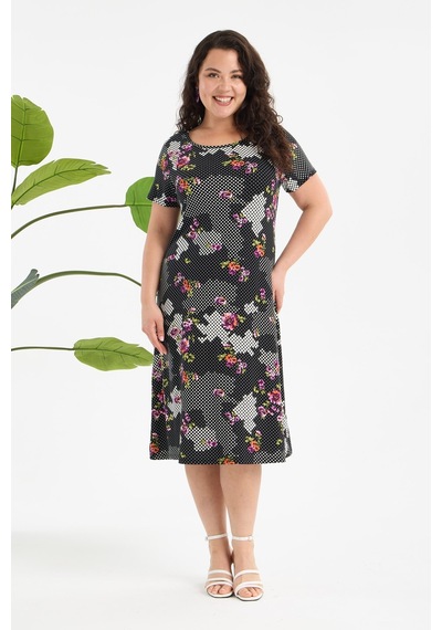 Madwilo Kadın Siyah Beyaz Floral Petek Desen Büyük Beden Esnek Midi Elbise