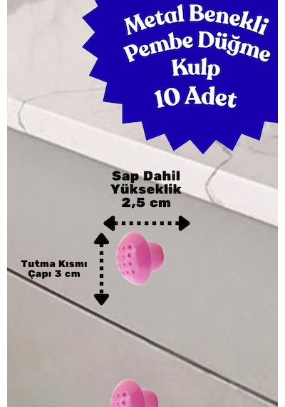 10 Adet Metal Benekli Yuvarlak Düğme Kulp - Çocuk Odası, Mutfak Ve Dolap İçin Modern Çekmece Kulbu Pembe Pembe