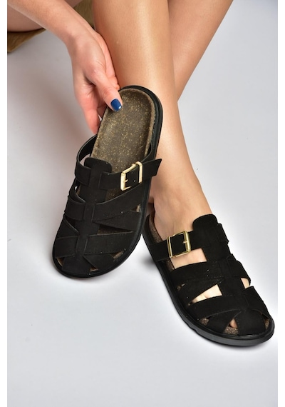 Fox Shoes Y596549502 Siyah Süet Tokalı Önü Kapalı Kadın Terlik