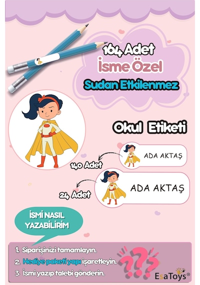 Uçan Kız Temalı Özel İsminiz Yazılı Okul Etiketi Diğer