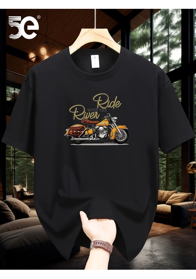 Unisex Ride River Baskılı Tasarım Tshirt Siyah