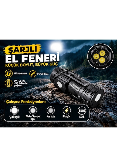 Çok Fonksiyonlu Mıknatıslı Klipsli Şarjlı El Feneri Siyah