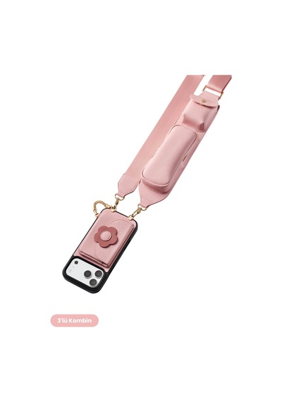 Hera Apple Uyumlu iPhone 18 Pro Max / 17 Pro Max Uyumlu Magsafe Cüzdan, Kılıf, Gözlük Kılıflı Askı 3'lü Pembe Set
