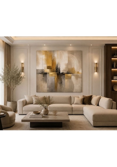 Golden Geometry Kare Soyut Kanvas Tablo Bej, Krem, Gri Ve Altın Tonlu Modern Duvar Dekoru Minimalist Salon, Yatak Odası Ve Ofis Tablosu