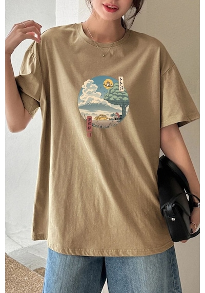 Unisex Neighbor's Ukiyo E Baskılı T-shirt Bej