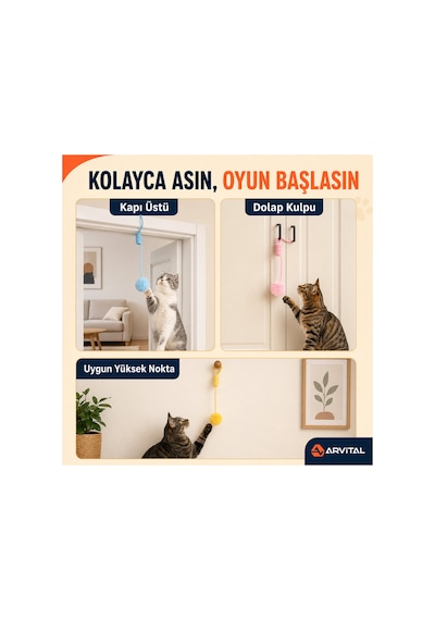 Elastik Yaylı Asılabilir Peluş Ponpon Kedi Oyuncağı 100 Cm