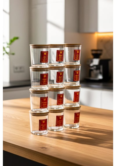 Lang - 12'li Bambu Vakumlu Kapaklı Etiketli Cam Saklama Kabı Baharatlık Seti 350 ml