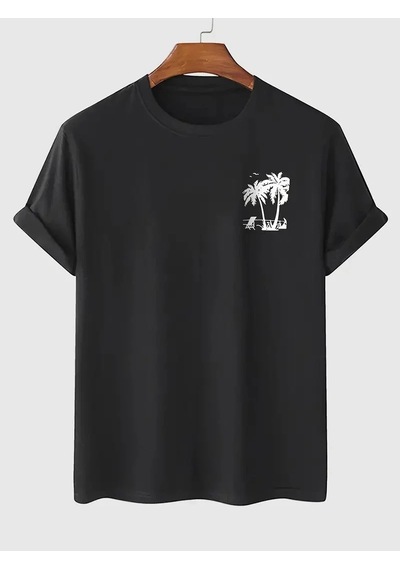 Erkek Tişört Palmiye Baskılı Bisiklet Yaka Kısa Kol Yazlık T-shirt - Siyah