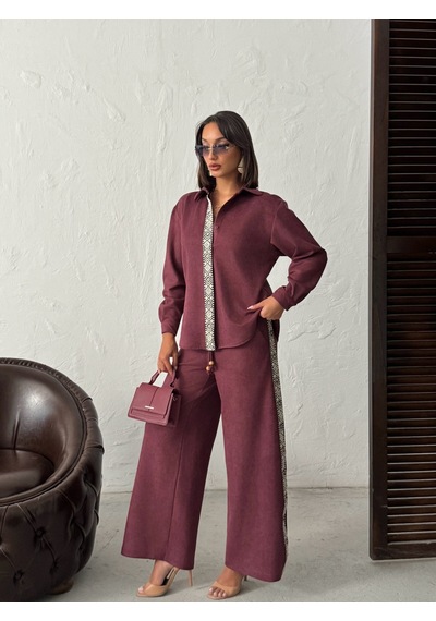 Verymoda Şerit Detaylı Scuba Süet Pantolon F1972 Bordo