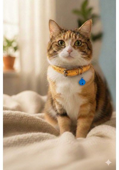 Kedi Tasması Hardal Sarısı Deri Zilli Ayarlanabilir M Beden Kedi Boyun Tasması