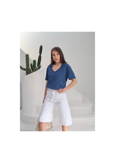 Paw Garage Kadın Massi İnterlok Kumaş V Yaka Oversize T-shirt Mavı
