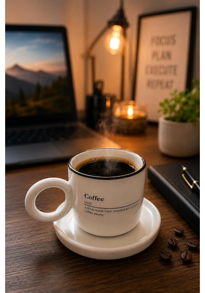 Kulplu Kahve Bardağı Ve Tabak Seti Modern Tasarım Kahve Kupası Türk Kahvesi Espresso Latte Sunum Set Beyaz