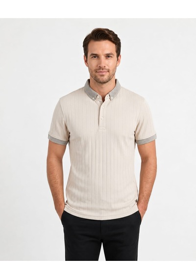 Özeniş Erkek Polo Yaka Slim Fit Çizgili Desen Kaşkorse T-shirt Bej