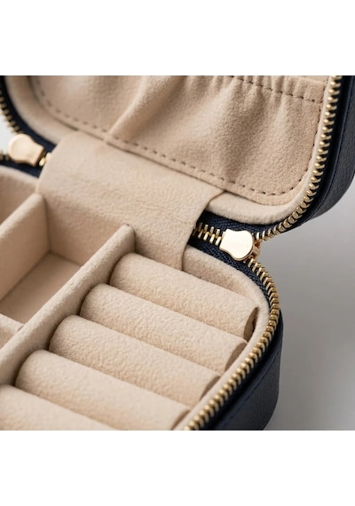 Takı Kutusu Düzenleyici Seyahat Çantası Kolye Yüzük Küpe Organizer Deri Lacivert 10x10 Mavi