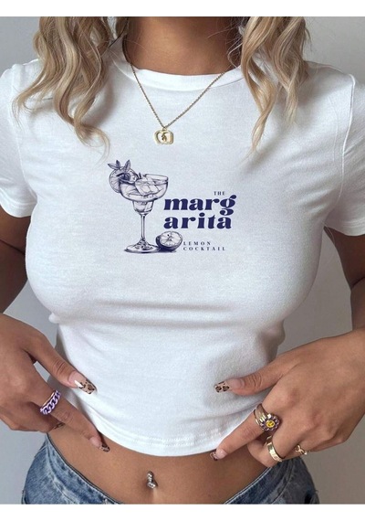 Flood Of Style Kadın Beyaz Lemon Coktail Baskılı Bisiklet Yaka Dar Crop