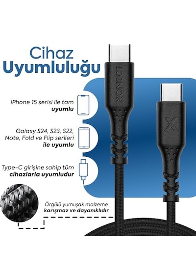 Pd Type-c To Type-c Hızlı Şarj Ve Data Kablosu 1 Metre Uyumlu Silikon Örgülü Model P7 Diğer