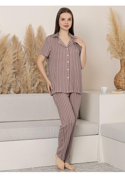 Limissi Çizgili Önden Düğmeli M-xxl Yetişkin Pijama Takımı - Kahverengi