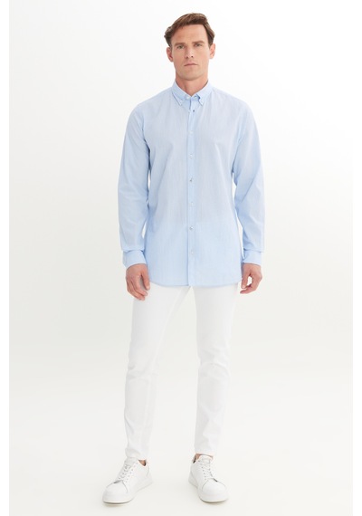 AC&Co / Altınyıldız Classics Erkek Beyaz Mavı Pamuklu Slim Fit Dar Kesim Düğmeli Yaka Kareli Gömlek Beyaz Mavı
