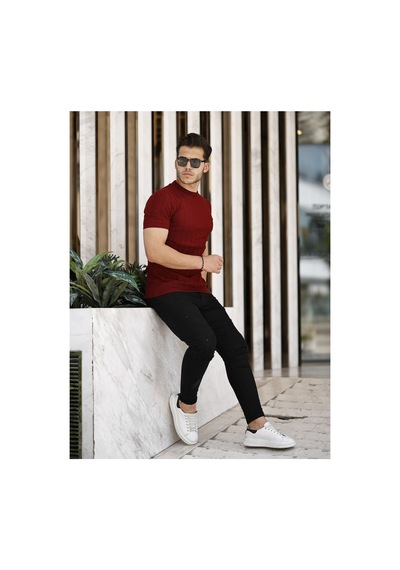 Cool Tarz Bordo Erkek Yuvarlak Yaka Örme T-shirt Bordo Bordo