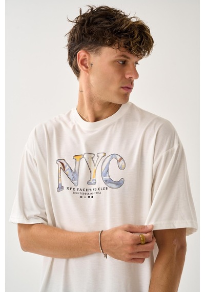 Geniş Kalıp Bisiklet Yaka Baskılı Unisex T-shirt Beyaz