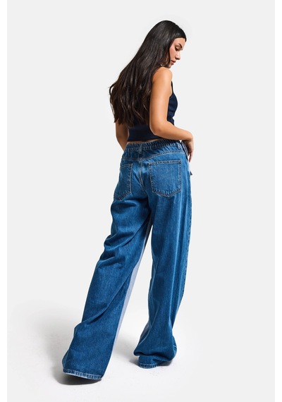 Itsbasic Kadın Kot Rengi Palazzo Fit Çift Kemer Detaylı Özel Tasarım Denim Jean