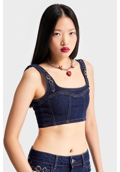Kadın Lacivert Renk 19w5-33 Aksesuar Detaylı Askılı Esnek Kumaş Tasarım Denim Büstiyer