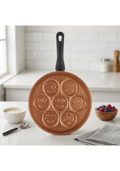Papilla Redio Emoji Pankek Ve Yumurta Tavası - 7 Bölmeli Gülen Yüz Tasarımlı, Yanmaz Yapışmaz Krep Tavası 28 Cm Bronz Çok Renkli