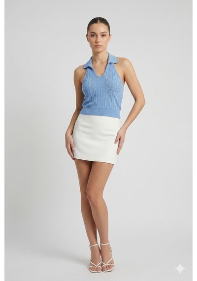 Neden Tekstil Kadın Polo Yaka Sırt Dekolteli Crop Bluz - Mavi