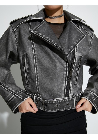Koton Crop Biker Ceket Suni Deri Kruvaze Fermuarlı Gri 4sak20022ew