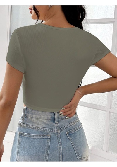 Rooted-kadın Kare & Havuz Yaka Crop T-shirt ,likralı Fitilli Kaşkorse Kumaş Mint