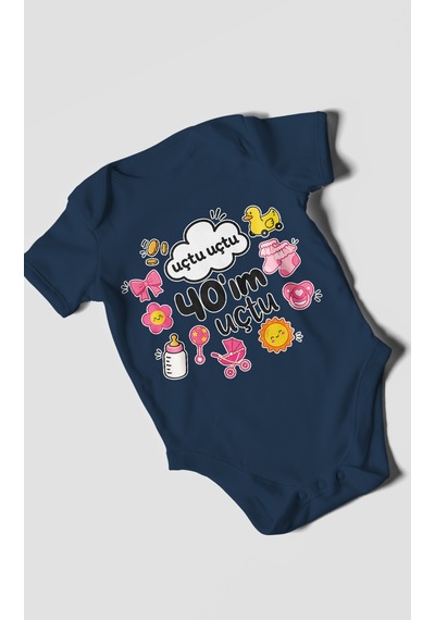 Morivokids Uçtu Uçtu 40'ım Uçtu Kısa Kollu Bebek Body %100 Pamuk Lacivert