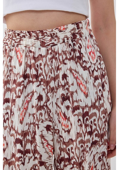 Vitrin Etnik Desen Beli Lastikli Geniş Paça Pantolon Kahve
