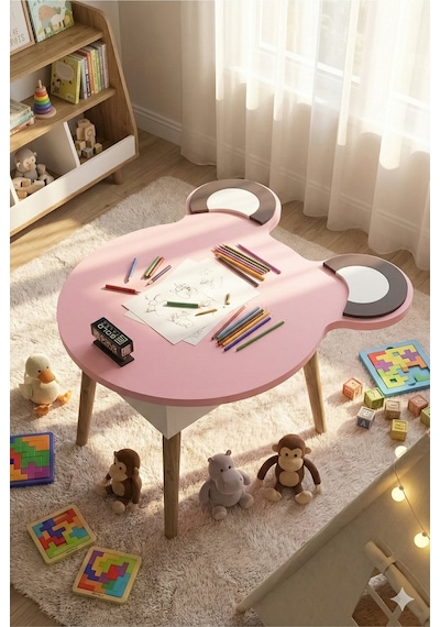 Çocuk Masası & Çocuk Sandalyesi Happy Face Sevimli Figürlü Set Pembe