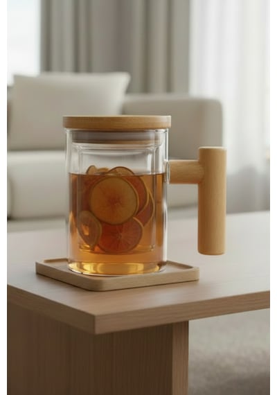 Ahşap Kulplu Ve Kapaklı Cam Süzgeçli Bitki Çayı Kupası 520 Ml Beyaz
