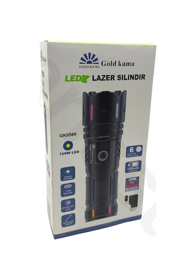 Gold Ka Ma Gk9589 Lazer Silindir El Feneri - 10000 Lümen + Extra 38650 Yedek Pil Siyah