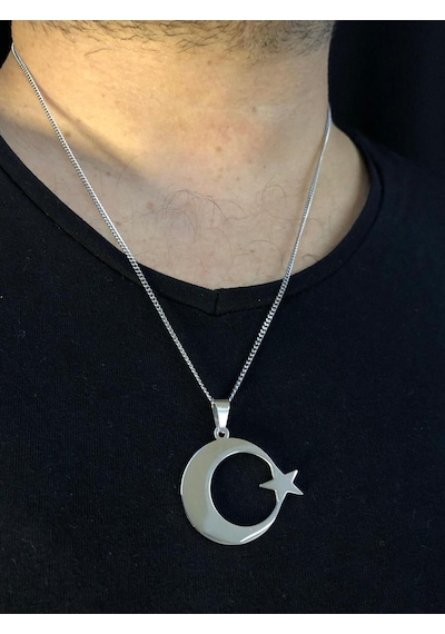 Vog 3.5 Cm Ay Yıldız Türk Bayrağı Sevgiliye Eşe Babaya Arkadaşa Hediye Beyaz Çelik Kolye Beyaz