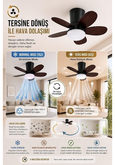 Yeni Nesil Tavan Vantilatörü 64 Cm Toplam Çap 6 Kademeli, 3 Işık Renkli, Kumandalı, Sessiz Fan Tavana Vidalı Diğer