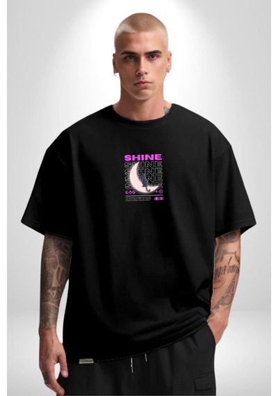 Parlayan Siyah Kedi Siyah Oversize Unisex Ön Orta Minimal Baskılı Tişört Siyah