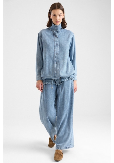 Olcay Büzgü Detaylı Soft Denim Ceket Pantolon İkili Takım Mavi 9472-tk