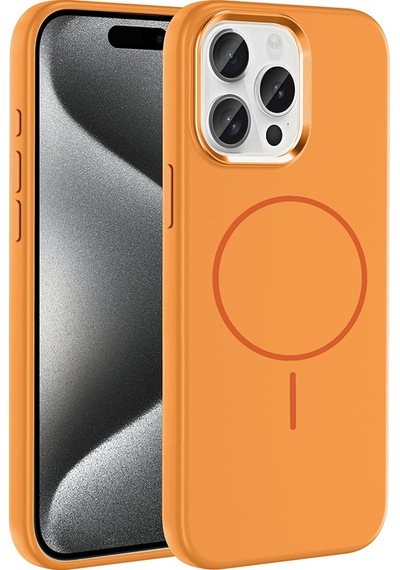 Apple Uyumlu iPhone 15 Pro Max Kılıf M-safe Şarj Özellikli Metal Kamera Çerçeveli Mkst Edi Silikon Kapak - Turunc Turuncu