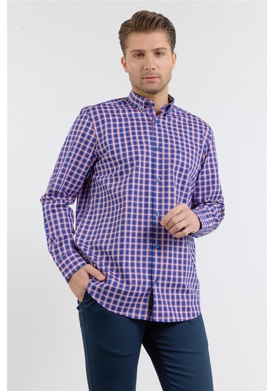 İmza Lacivert - Kırmızı Düğmeli Yaka Uzun Kol Cepli Comfort Fit Pamuk Gömlek 1004260177 2XL