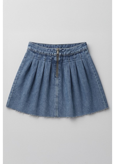 Blue White Kadın Şık Pileli Yazlık Mini Jean Etek Mavi