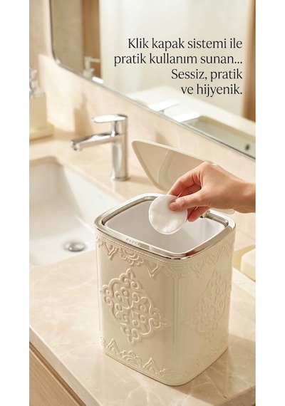 Makri Home 7 Parça Desenli Kare Click Kapaklı Beyaz Silver Banyo Seti, Hacim: 8 Litre Beyaz